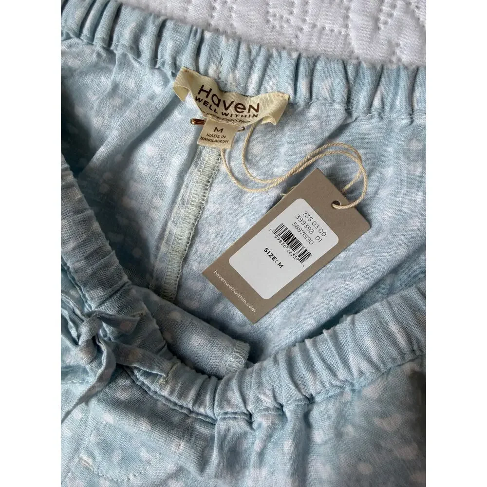 NWT Haven Well Within Cotton Linen Faded Dot Pajama Set Medium Saltwater Blue